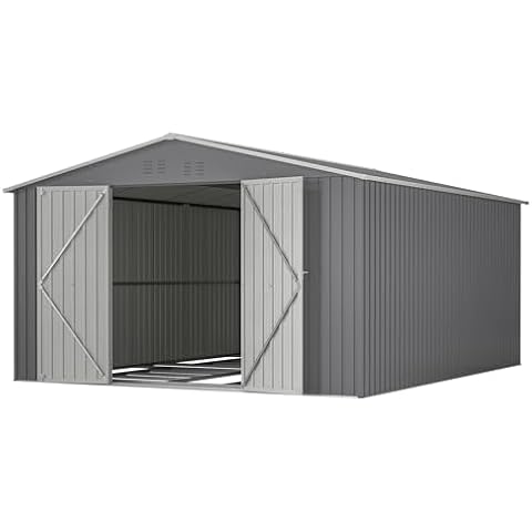 11' x 13' Outdoor Metal Storage Shed with Floor Frame Base, Galvanized Steel Garden Shed with 4 Vents, Tool Storage Shed for Backyard, Patio, Lawn Cover
