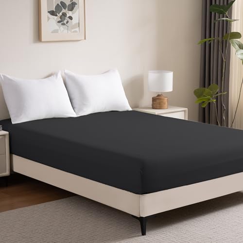 Fitted Sheet Full Size - 16 inch Deep Pocket Bed Sheet - Soft Brushed Microfiber - Wrinkle Free, Breathable, Fade Resistant, Easy Care, 1 Full Size Fitted Sheet Only (Black,Full) Deal