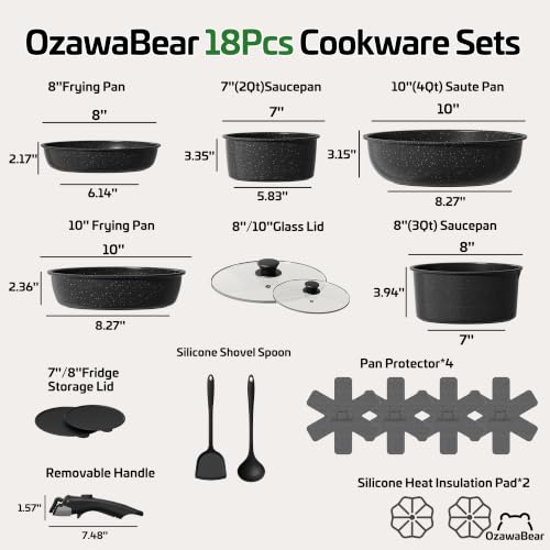 Image of 18 Pcs Pots and Pans Set Non Stick, Ceramic Cookware Set Non Toxic with Detachable Handles, Healthy Induction Cookware Oven Safe RV Kitchen Set, PFAS PFOA & PTFE Free, Black