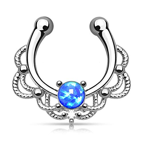 16GA Lacey Single Synthetic Opal Clip On Fake Non No Piercing Septum Hanger Ring (Blue)