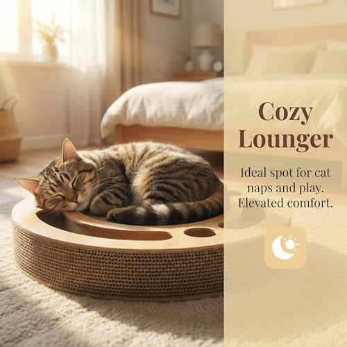BRRDAQU Kratzbrett Katze mit Klingelballs Kratzpappe 3-in-1 Wellpappe Kratzmatte und Ruheplatz für Katzen Interaktives Katzenspielzeug für Erwachsene Und Kätzchen (33cm)