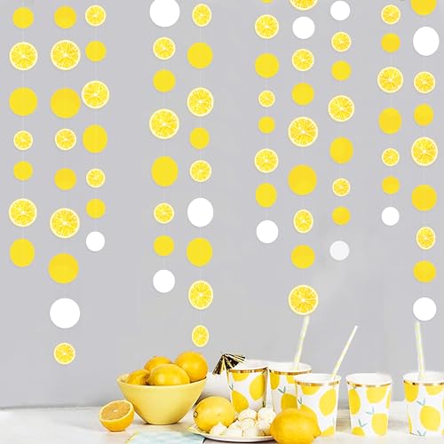 Image of 63 Ft Lemon Party Decorations Yellow White Circle Dots Garland Polka Dot Hanging Paper Streamer for Lemon Themed Wedding Bridal Shower Engagement Bachelorette Baby Shower Birthday Party Supplies