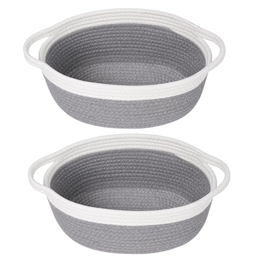 Image of 2 Pack Small Woven Storage Basket with Handles 12 inchx8 inchx5 inch, Decorative Rope Bin for Home Organization, Shelf Storage,Cotton Rope Room Shelf Storage Basket with Handles