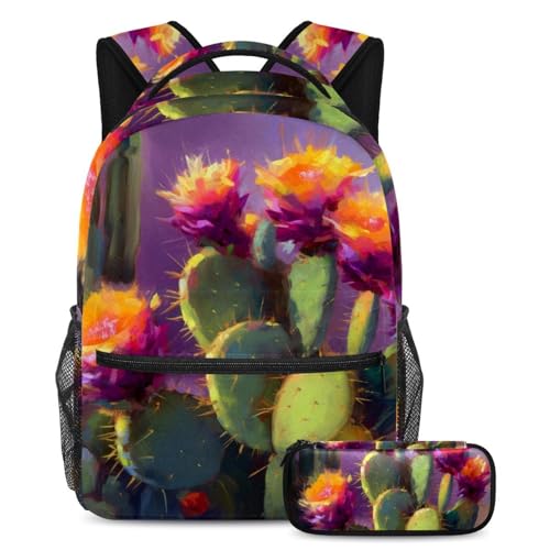 Sac à dos avec trousse à crayons fleurs de cactus pour adolescents