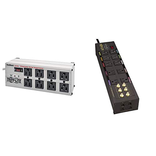 Tripp Lite Isobar 8 Outlet Surge Protector Power Strip, 12ft Cord, Right-Angle Plug & Isobar 10 Outlet Audio/Video Surge Protector Tel/Modem/Coax/Network 8ft Cord Right Angle Plug