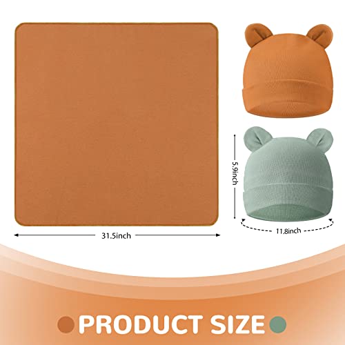 2 Sets Newborn Infant Swaddle Hat Infant Bear Ear Beanie Baby Receiving Blankets Newborn Swaddle Wrap Hospital Receiving Blankets For 0-6 Mouths Unisex Baby Boys Girls (Camel, Grayish Green) #TOP1