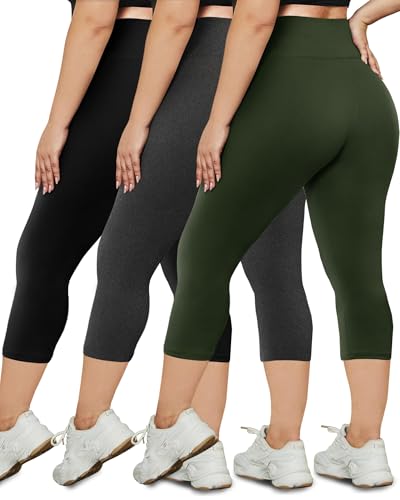HLTPRO 3 Pack Plus Size Capri Leggings for Women(X-Large - 4X)- High Waist Stretchy Soft Pants for Workout Running Yoga