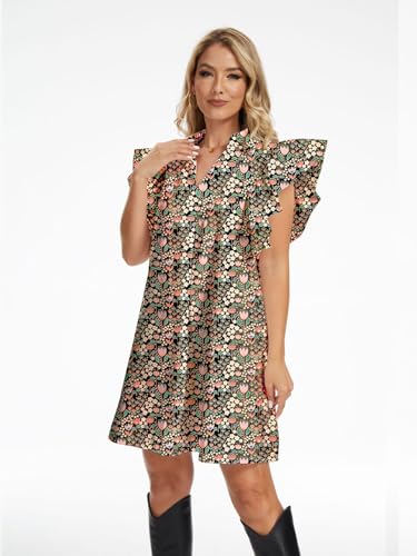 hibshaby Women's Floral Babydoll Mini Dress V-Neck Ruffle Sleeve Cute Dress Sundress4