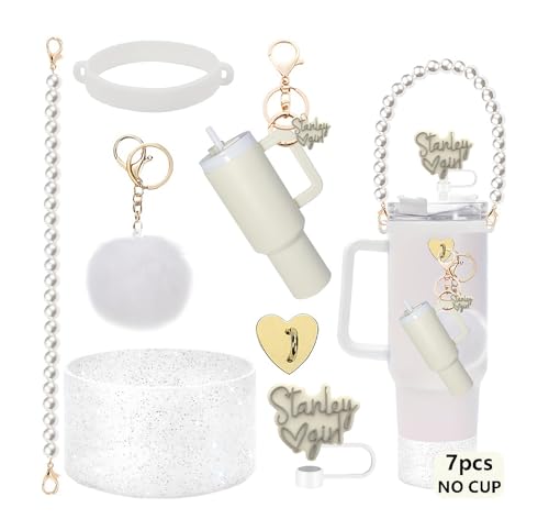 Image of House of Quirk 7 PCS Cup Accessories Set | Tumbler Accessories for 30oz & 40oz | Silicone Boot, Handle Strap, Tumbler Keychain & Straw Covers (White Kawai, Tumbler Not Included)