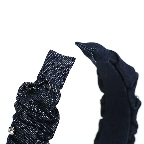 Naruning Wide Brim Denim Blue Headband, Women'S Fashion Pleated Style Headband With Rhinestone Embellishment thumb #3