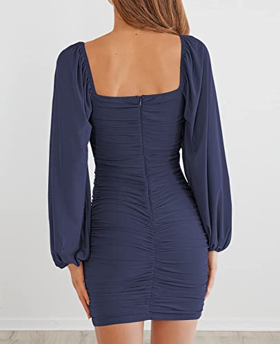 MEROKEETY Womens Long Sleeve Mesh Bodycon Cocktail Dress 2026 Square Neck Ruched Club Mini Dress Navy Medium — view 3