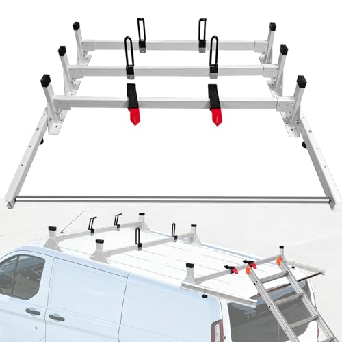 54" Ladder Roof Rack Fit for Ford Transit 150 250 350, 2015-2025 Heavy Duty Ladder Roof Rack with Rear Roller for Cargo Van, 800lbs Load Capacity (3 Crossbars), for Transporting Ladders, Pipes