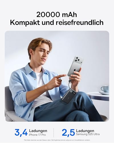 Baseus FC11 Powerbank 45W 20000mAh mit 2 Integriertem USB-C Kabel, Power Bank Klein CCC Zertifizierung mit LED Display, Externe Handyakkus Mini für iPhone 17/16/15/14 Pro Max, iPad, Samsung, Schwarz 3