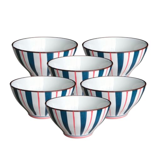 Image of Lellow Premium Ceramic Bowl Set of 6 - Handcrafted Striped Bowls for Soup, Noodles, Snacks & Desserts - Microwave & Dishwasher Safe, 300ml