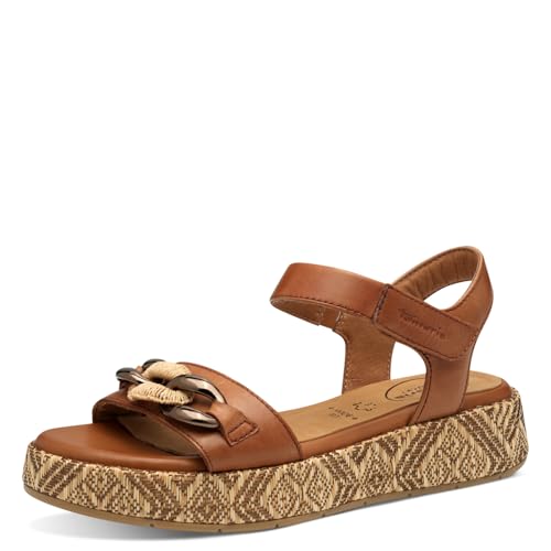 Tamaris Comfort Damen Sandalen flach aus Leder Plateau, Braun (Cognac), 40 EU