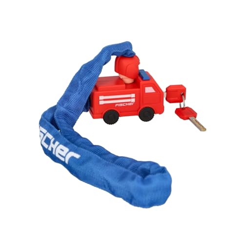 FISCHER Fahrrad Kinderschloss, PROTEC CK65 Feuerwehr Kettenschloss mit 2 Schlüsseln, buntes Design, hohe Sicherheit für Kinderfahrräder, blau, Länge: 65 cm