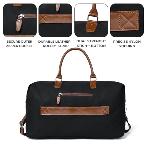 Image of Genuine Leather Large 40L Canvas Weekender Travel Duffle Cabin Bag with Detachable Shoulder Strap for Men and Women Overnight Sling Bag (Black)