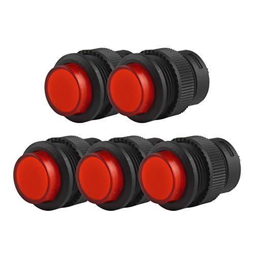 Larcele Push Button Switch 4 Pin Momentary Round Button Switch, Mounting Hole 16mm,5 Pieces ANKG-15 (Red Indicator)