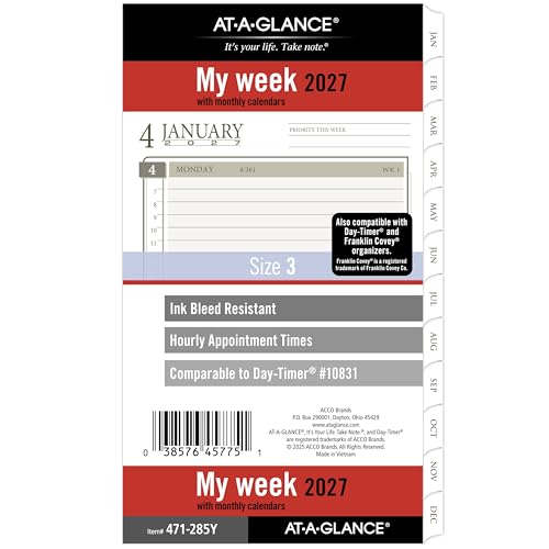 AT-A-GLANCE 2027 Planner Refill, Weekly & Monthly, 3.75" x 6.75", Portable Size 3, Tabbed, 6-Ring Loose-Leaf (471-285Y-27)