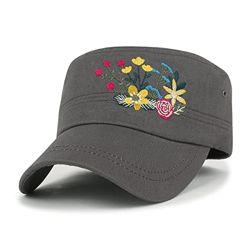 Image of ililily Crystal Gemstone Stud Flower Vintage Cotton Military Army Hat Cadet Cap
