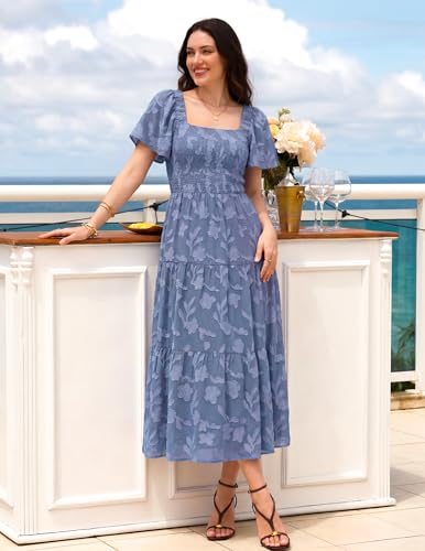Image of ZESICA Wedding Guest Dresses for Women Summer 2026 Boho Floral Midi Dress Flowy Beach Vacation Graduation Long Dresses