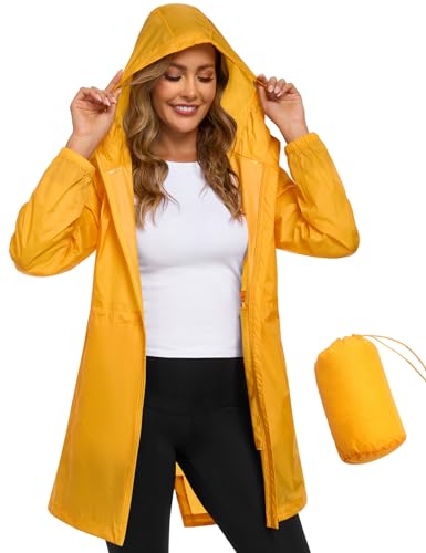 CMTOP Waterproof Jacket Women Lightweight Packable Rain Jackets Casual Hooded Windbreaker Breathable Functional Raincoat Mid-length Outdoor Softshell Jacket for Walking Hiking(Yellow, L)