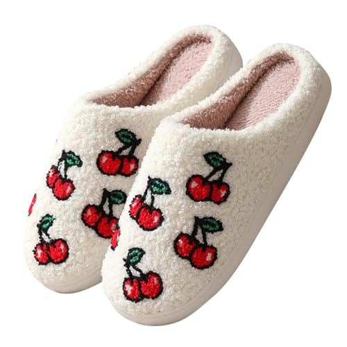 Sinzelimin Women's Fuzzy Scuff Slippers Cute Flower Embroidered Flip Flop Shoes Indoor Outdoor Non-slip Warm Slip-on Slippers
