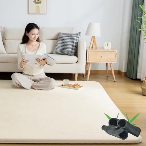 Softime カーペット ラグ 極厚25mm ラグマット防音 厚手 竹炭消臭 185×185cm 約2畳 絨毯 滑り止め付 防ダニ 抗菌 防臭 地毯 高反発 オールシーズン快適 床暖房 ホットカーペット対応 こたつ敷きマット じゅうたん 低反発と同じ厚み リビングマット ゆか保護 無地・アイボリー（Amazon）
