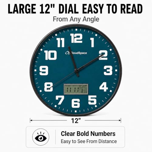 Image of Cloud Space 12 inch Silent Wall Clock Battery Operated, Non Ticking Modern Wall Clock with LCD Calendar & Fahrenheit Temperature Display, Easy-to-Read Kitchen Bedroom Office Living Room Wall Clock