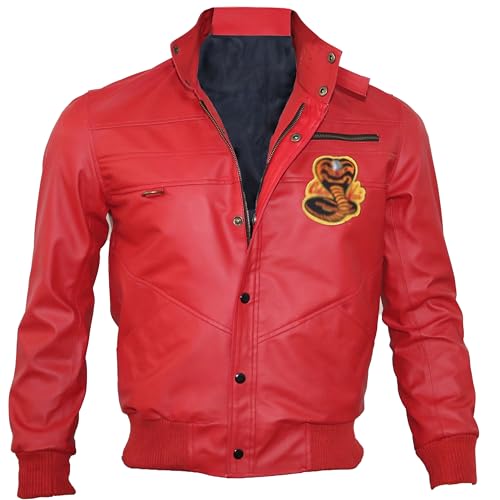 Cai Karate Kid Kobra Jacket -Johnny Lawrence Red Halloween Faux Leather Bomber Jacket For Men