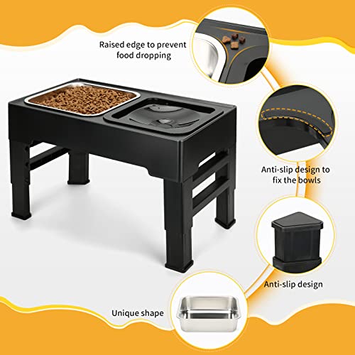 PETTOM Erhöhter Hundenapf (2 x 1.6L), 4 Höhenverstellbar Napfständer mit Hundenapf Edelstahl und Auslaufsicher Trinknapf, Faltbarer und Rutschfester Fressnapf Hund Erhöht für großen kleinen Hunde