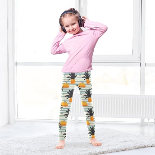 Sunset Palm Tree Pineapple Stripe Girls Leggings Soft Stretch Workout Yoga Dance Pants for Kids Casual Tights4
