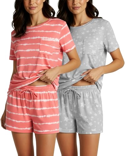 Image of Real Essentials 2 Pack: Women's Short Sleeve Pajama Short Set - Comfy Lightweight Soft Lounge Sleepwear (Plus