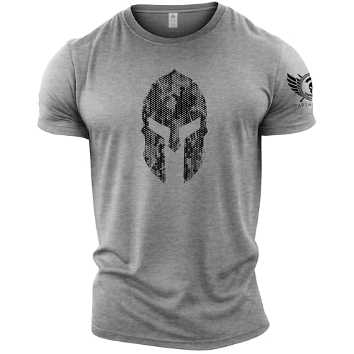 GYMTIER Spartan Forged - Spartan Helmet Hex Camo - Mens Gym T-Shirt Bodybuilding Training Workout Lifting Top Clothing Sport Grey XL