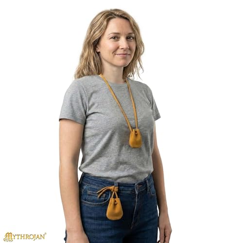 Image of Pack of 1 Mythrojan Small Trinket Pouches Suede Leather Drawstring Coin & Dice Bags for LARP, SCA, Viking & Medieval Events, Color : Yellow