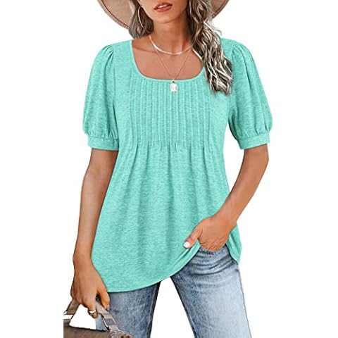 Zwurew Women's Square Neck Tunic Tops Summer Puff Short Sleeve Tee Shirt Casual Flowy Pleated Cute Blouse Blue M Cover