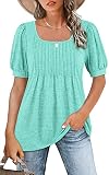 Shirts for Women Summer Puff Short Sleeve Flowy Tunic Tops Plus Size Square Neck Pleated Casual Blou