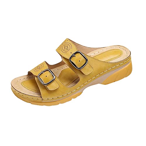 Women Leather Sandals with Arch Support Open Toe Hollow Out Wedge Sandals Adjustable Slip on Sandal Summer Slip-on Slippers Platform Sandal for Women 2025