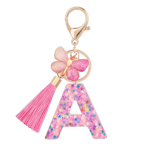 Suweibuke Cute Pink Key Chains for Women Girls, Initial Letter Keychains with Tassel, Charms for Key Purse Handbags Backpacks (Colorful Pink Butterfly-A)