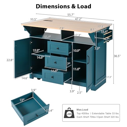Quarte Farmhouse Large Kitchen Island with 2 Drop Leaf and Power Outlet,Rolling Kitchen Cart on 5 Wheels, Folding Storage Dining Table for Home, Dining Room (Green/Double)