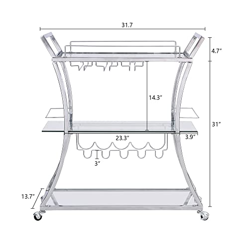 Rarzoe Silver Bar Cart, Home Bar Serving Cart, 3-Tier Kitchen Trolley With Glass Holder And Wine Rack, Mobile Wine Cart With Tempered Glass Shelves For Dining Room Kitchen, Silver #TOP5