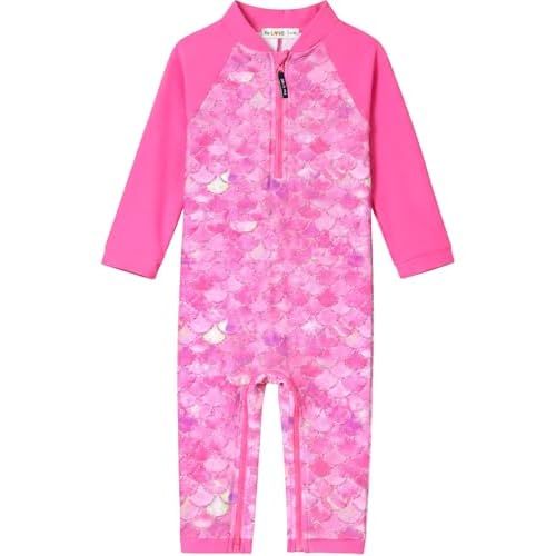 weVSwe Baby Mädchen Badeanzug UPF 50+ Sonnenschutz Recycling Stoff Einteiler Kleinkind Langarm Rash Guard Rosarot Fischschuppen 12-18 Monate