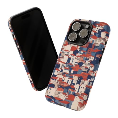 Coque iPhone 15 Pro rigide mate motif graphique maisons toits rouges - 2