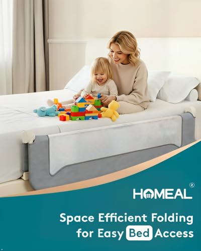 Image of HOMEAL Bed Rail for Toddlers, 32 inch Swing Down Bed Guard with Double Reinforced Stability, Foldable Metal Safety Rail for King, Queen, Full & Twin Beds, Grey