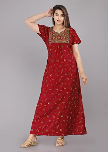 Image of DIAMO Pure Cotton Embroidery Nighty for Women, Cotton Night Gown, Night Maxi Gown, Cotton Nighty with a Pocket and Adjustable Knot