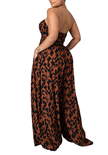 Ophestin Women's Strapless Tube Wide Leg Jumpsuits Smocked Casual Leopard Polka Dot Print Loose Long Pants One Piece Jumpsuits Rompers Coffee Xl #TOP1