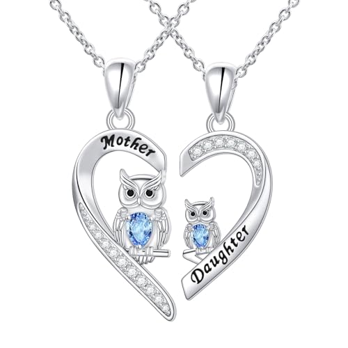Alphm S925 Sterling Silver Mother Daughter Owl Pendant Matching Heart Necklaces Set 2 Heart Jewelry 