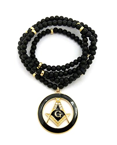 Crescendo SJ INC New Freemason Round Pendant & 6mm/30 Wooden Chain Hip HOP Necklace - RC2315 (Gold)