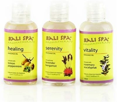 Virgin Coconut Oil Bali Spa Aromatherapy Body Oils Collection (set of 3)- Vitality Blend{Rosemary Eucalyptus} + Sensual Blend{Ylang-Ylang Sandalwood} + Serenity Blend{Lavender Bergamot} - each 1.7 oz (total 5.1 oz) Direct Manila Coco