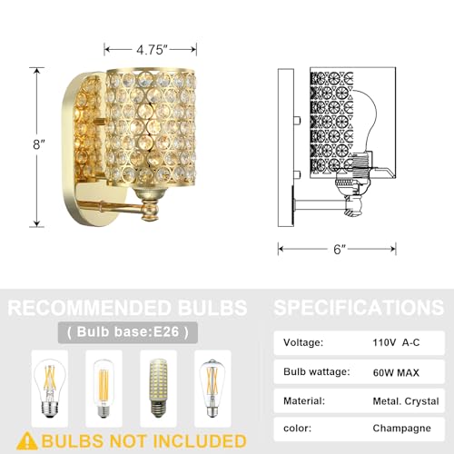 Image of Modern Concise Polyhedral Crystal Shade Wall Sconce Light Fixture,for Bathroom Bedroom Living Room Bedside 2 Pack 1 Light Champagne Finish